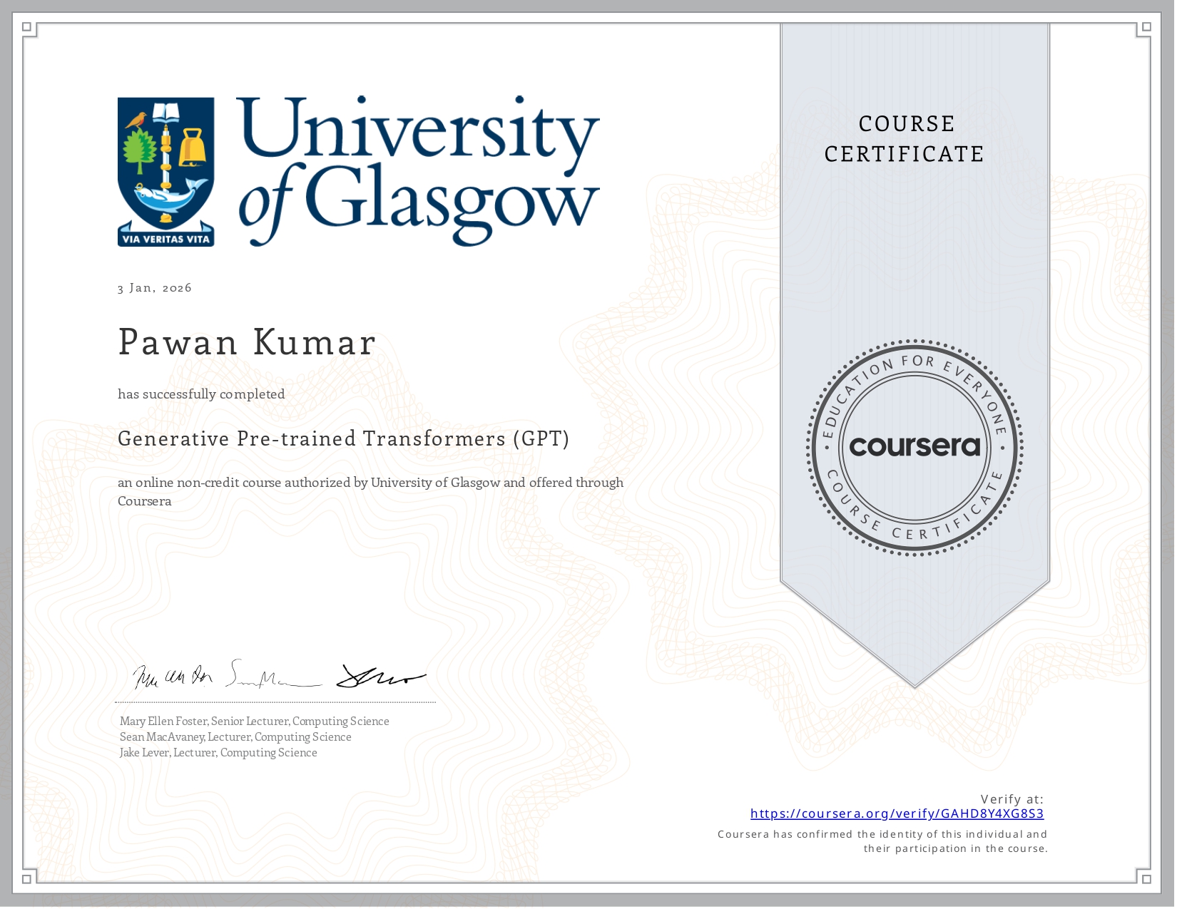 University of Glasgow Certificate
